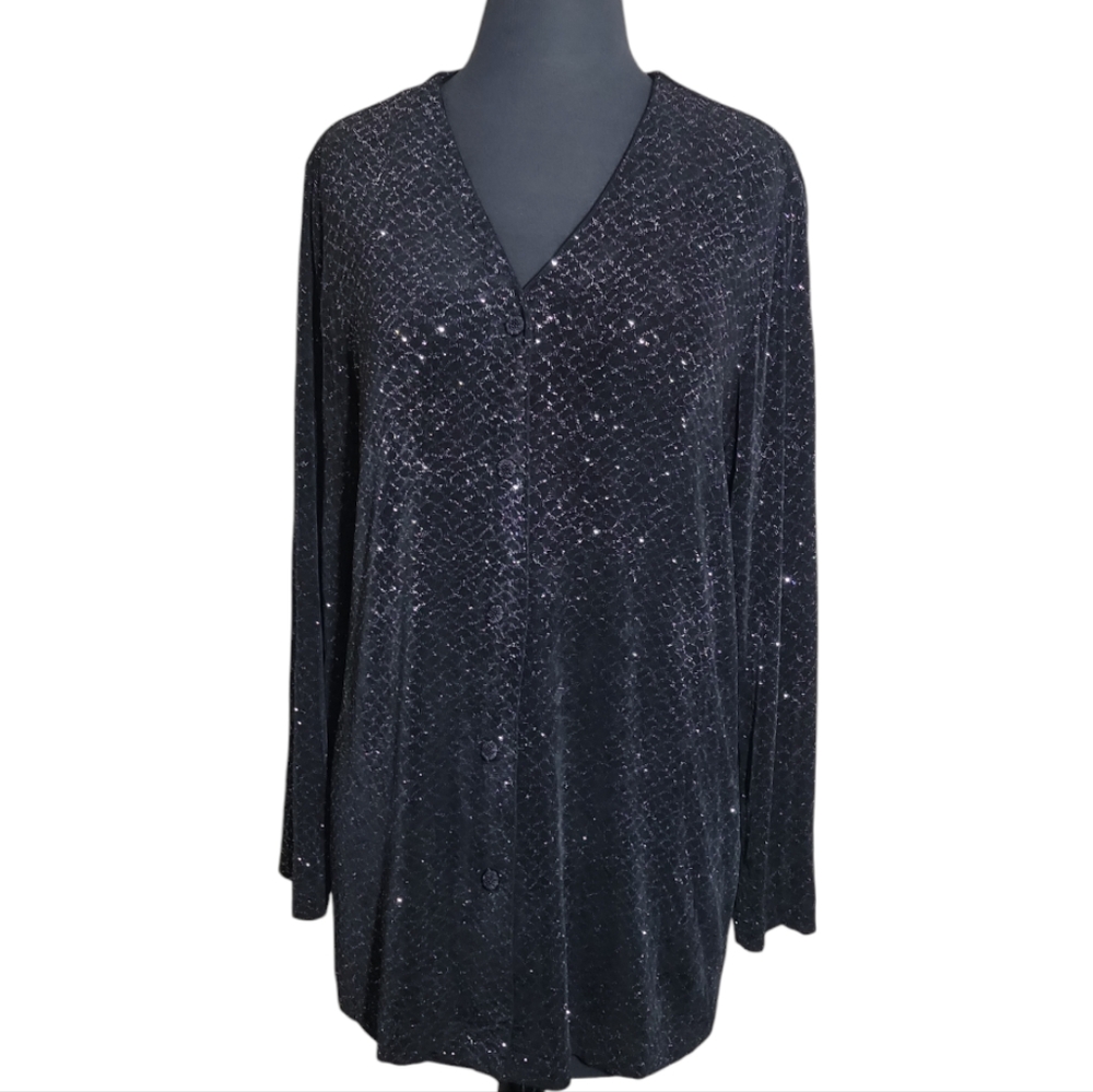 Sheri Martin NY women's Size 14 black silver shimmering v neck button front top